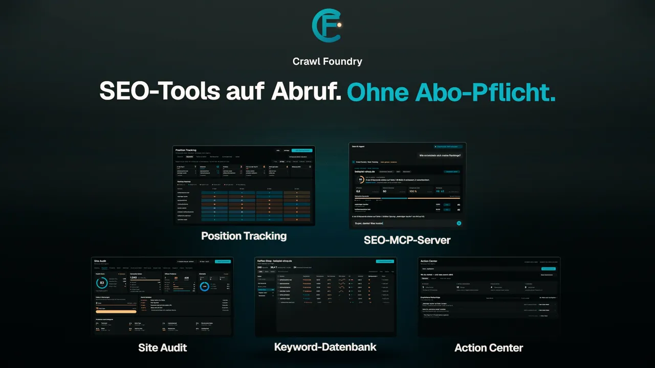 Standbild aus dem Launch-Video: SEO-Tools auf Abruf, ohne Abo-Pflicht, mit Position Tracking, SEO-MCP-Server, Site Audit, Keyword-Datenbank und Action Center